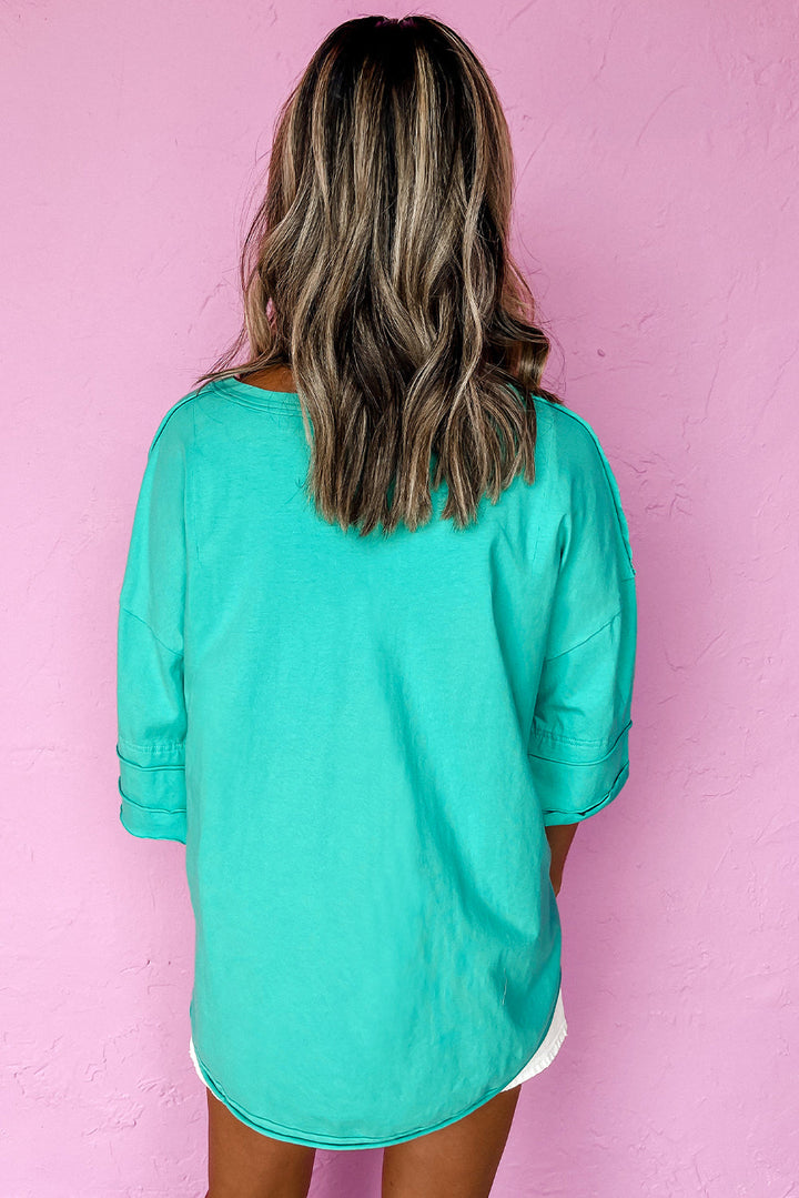 Island Aqua Solid Color Half Sleeve Buttons Henley Top