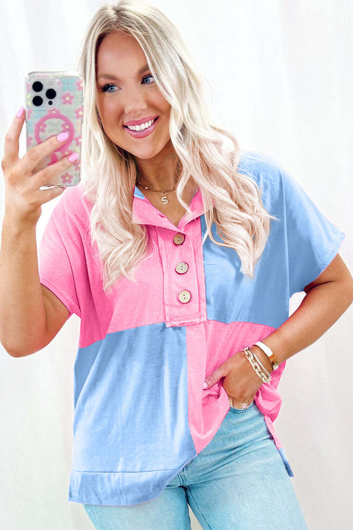 Pink and Blue Color Block 3/4 Button Short Sleeve Blouse