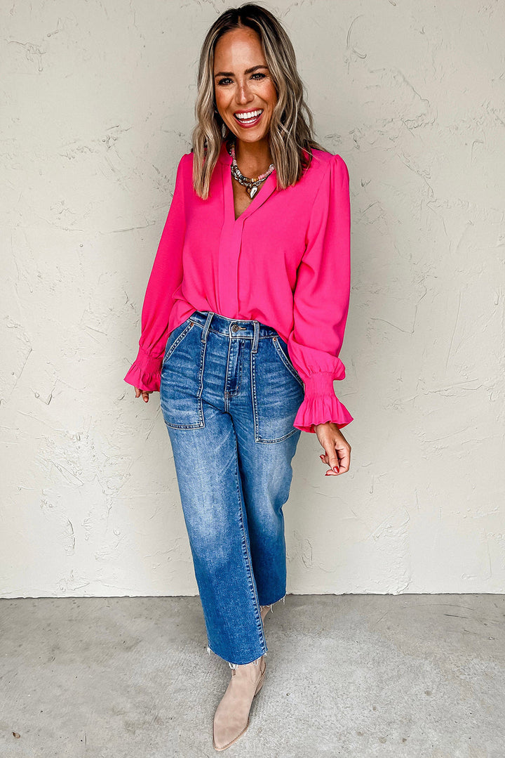 Hot Pink Shirred Cuff Notch V Neck Blouse
