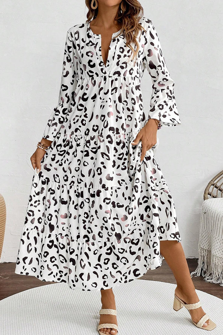 White Leopard Print V Neck Ruffle Sleeve Loose Fit Maxi Dress