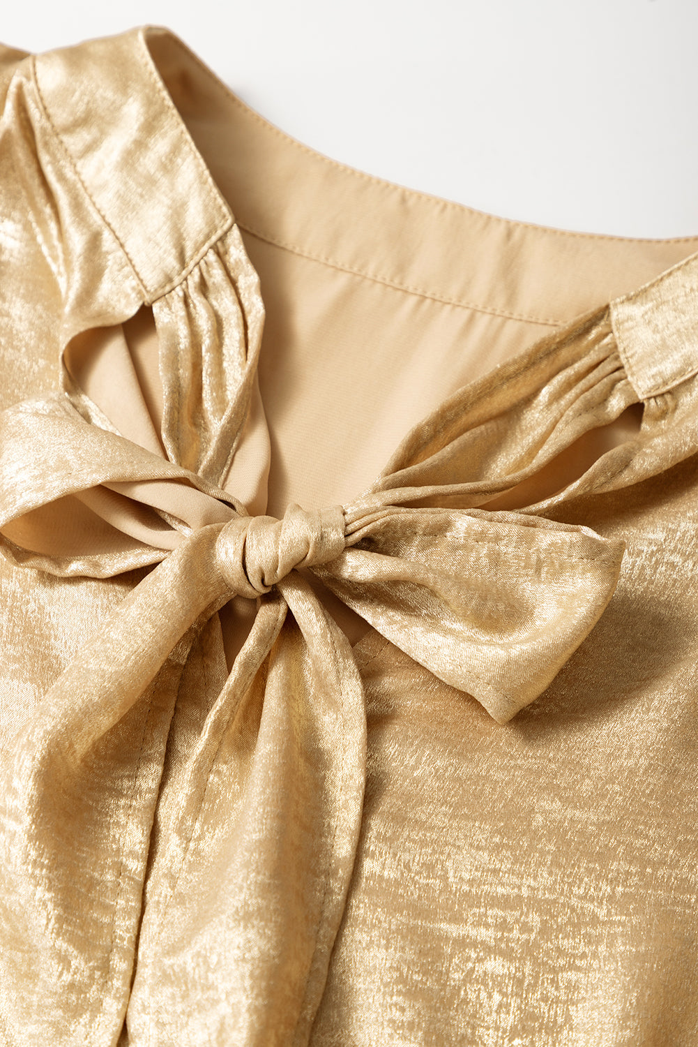 Gold Metallic Ruched Sleeve Back Knot Blouse