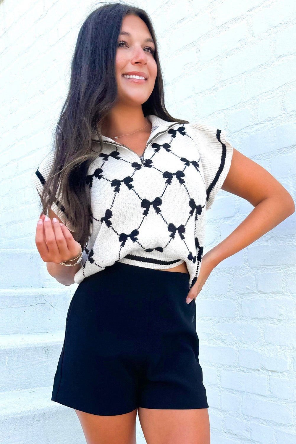 Black & White Preppy Bow Sweater with Ruffle Cap Sleeves