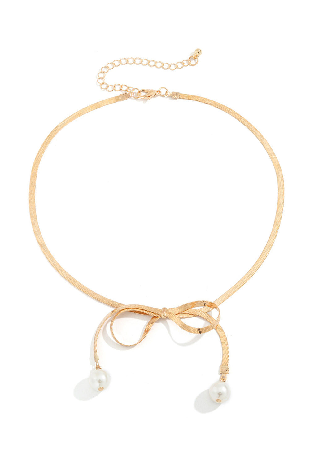 Gold Plated Herringbone Bow Collar Necklace With Faux Pearl Accents