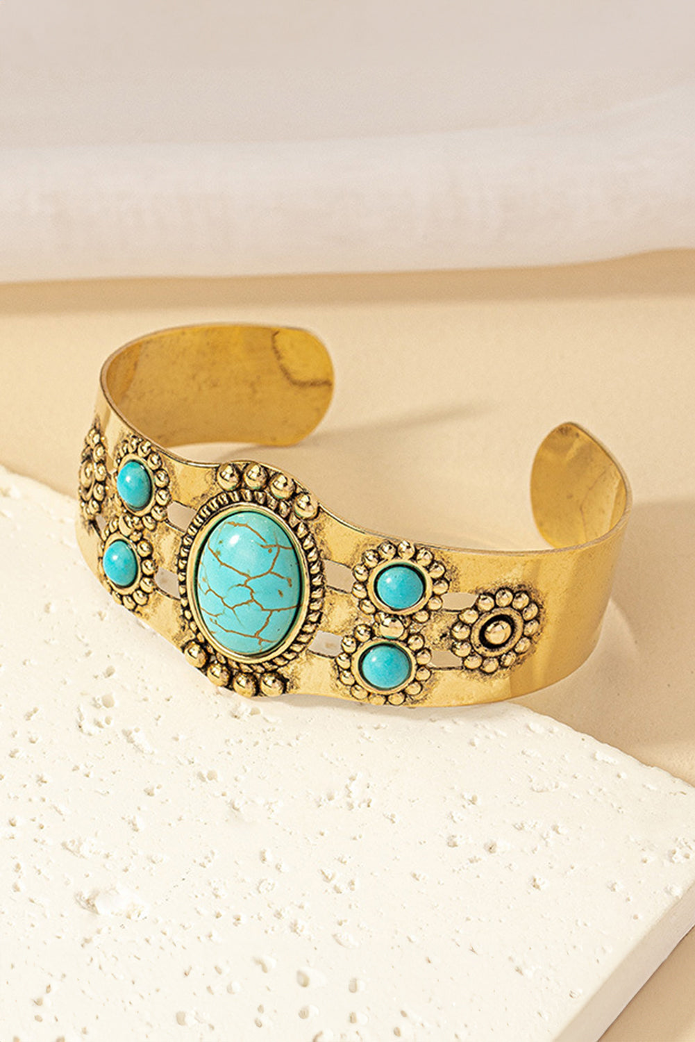 Gold Tone Vintage Boho WEstern Faux Turquoise Cuff Bracelet