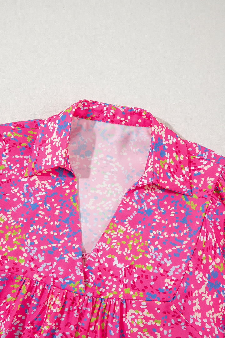Hot Pink Abstract Floral Print Collared V Neck Babydoll Blouse