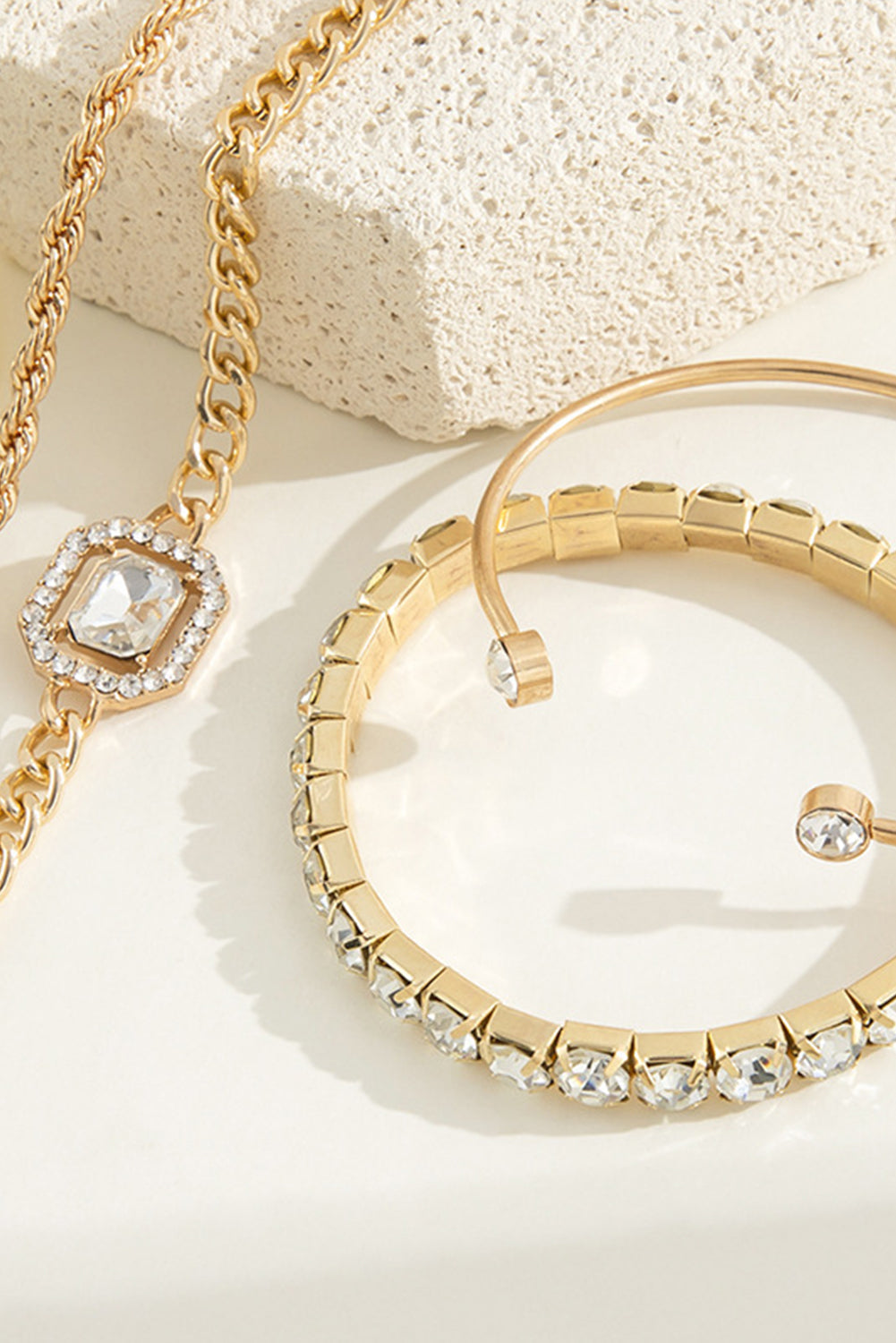 Gold Plated Rhinestone Tennis Bracelet, Bangle and Chain Bracelet Set 4 Piece