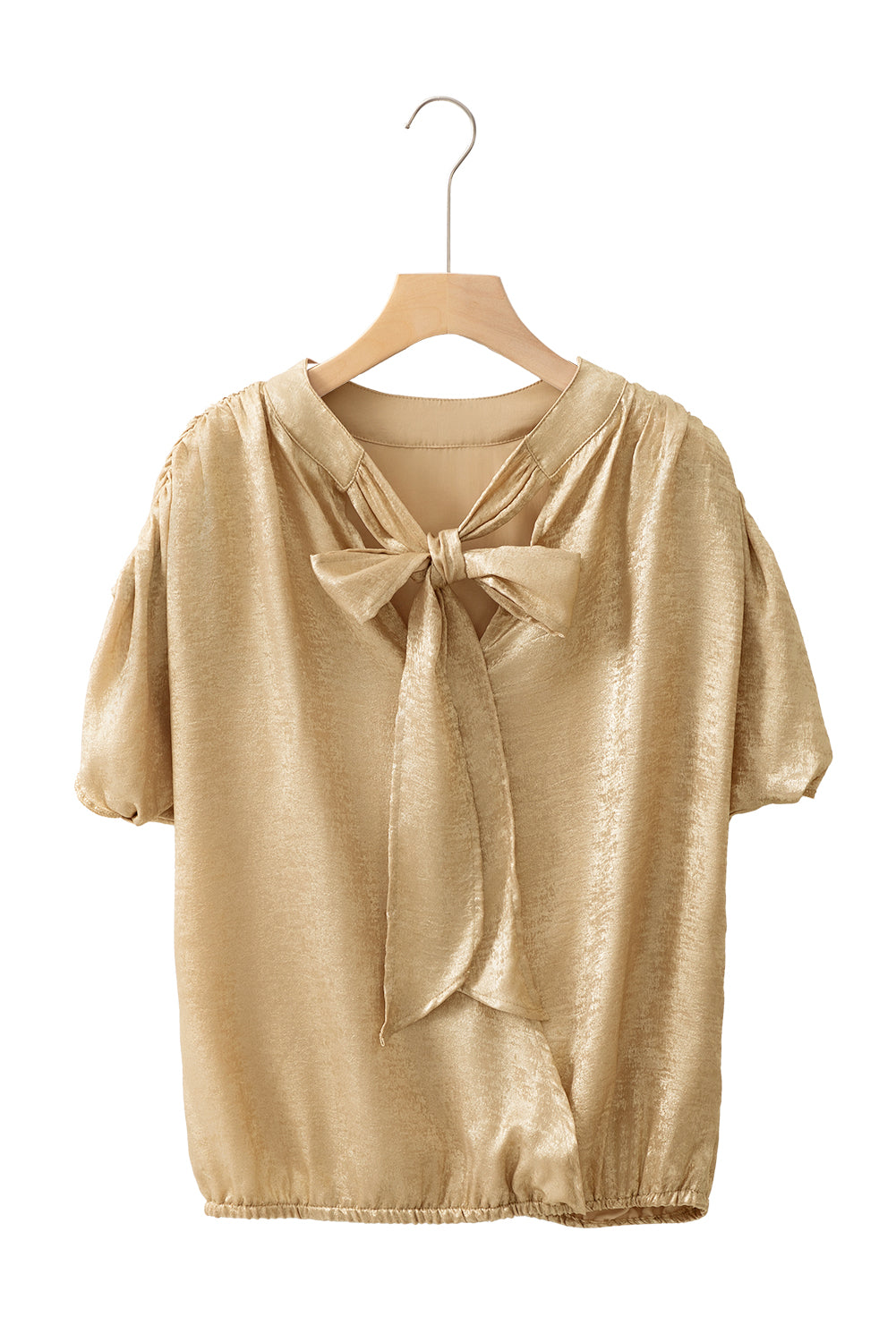 Gold Metallic Ruched Sleeve Back Knot Blouse