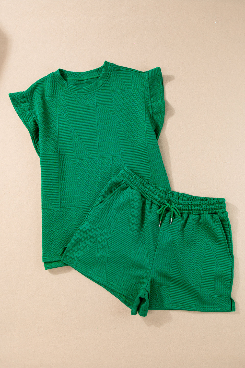 Emerald Green Textured Ruffle Sleeve Top and Drawstring Shorts