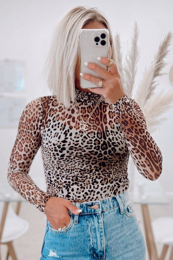 High Neck Leopard Mesh Long Sleeve Stretch Bodysuit