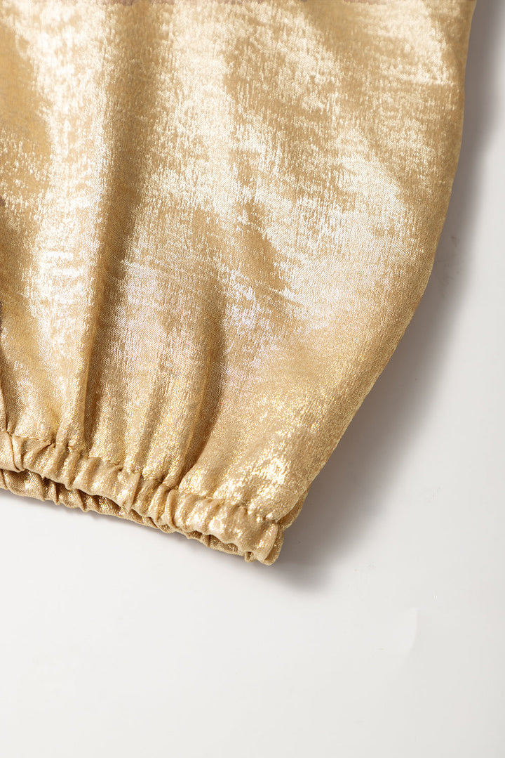 Gold Metallic Ruched Sleeve Back Knot Blouse