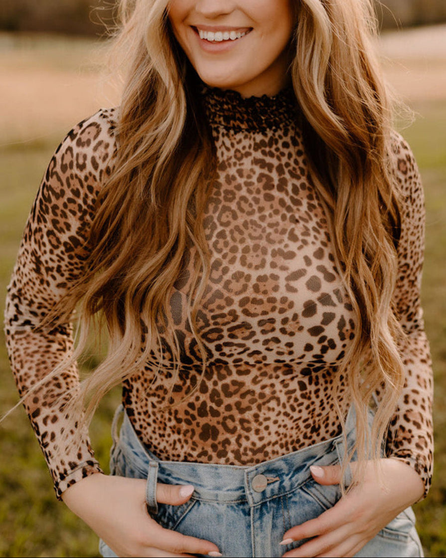 High Neck Leopard Mesh Long Sleeve Stretch Bodysuit
