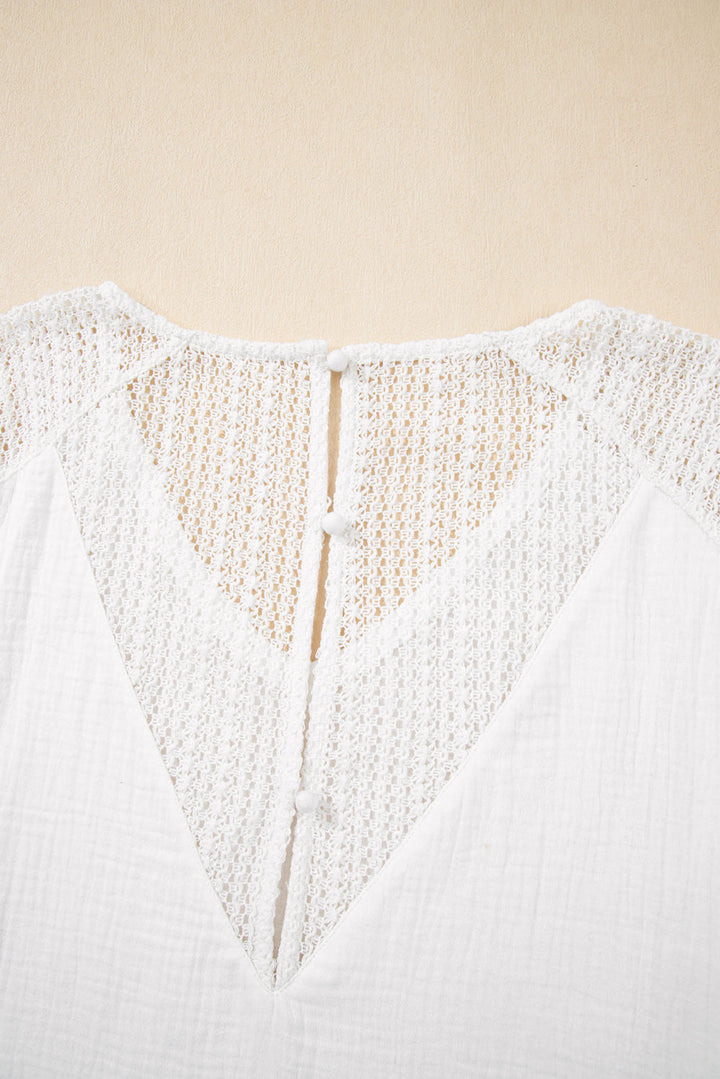 Winter White Lace Back Crochet Button Back V Neck Blouse