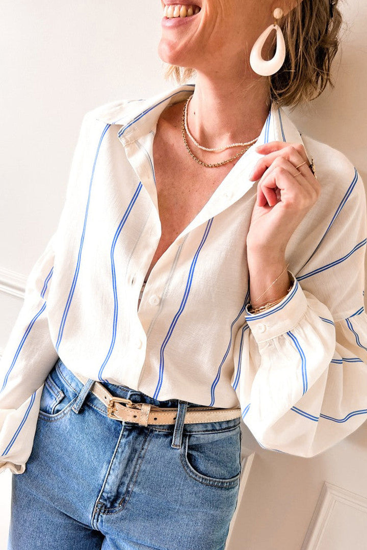 Ivory and Blue Stripe Balloon Sleeve Button Front Blouse