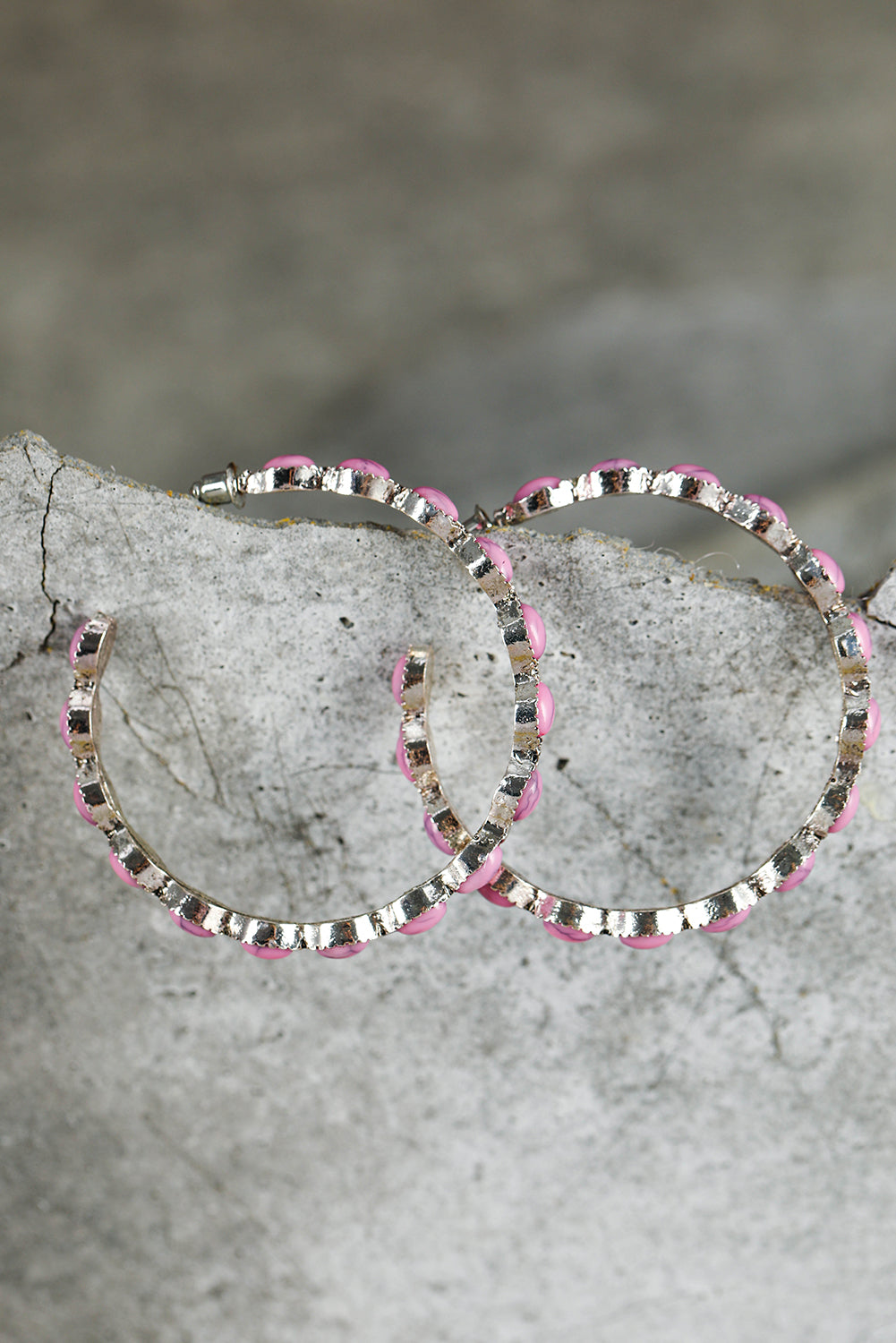 Pink Scalloped Faux Gem Inlay Hoop Pierced Earrings