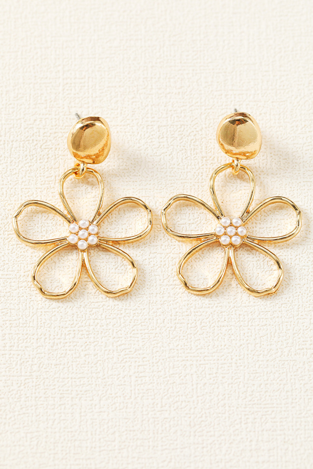 Gold Plated Dangle Flower Pierced Earrings with Faux Pearl Center