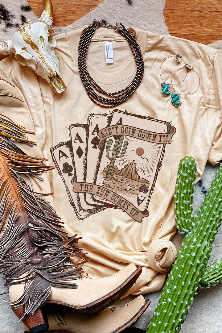 Creamy Beige 'Ain't Goin Down Til The Sun Comes Up' Aces Western Poker T-Shirt