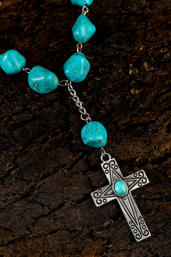 Blue Faux Turquoise Cross Pendant Beaded Necklace