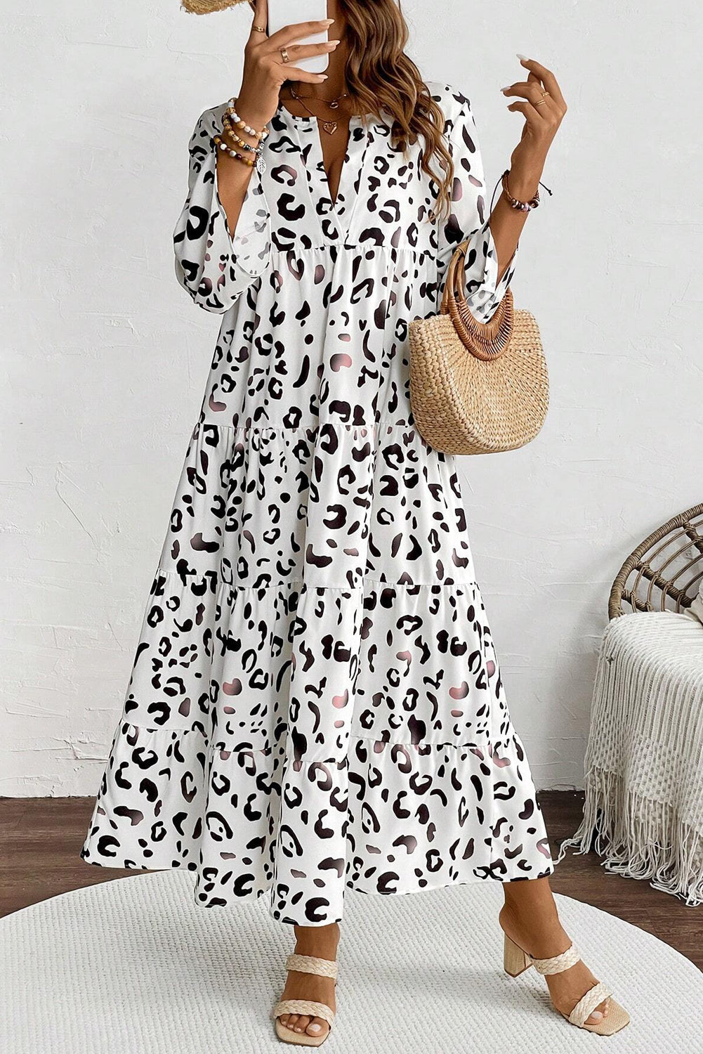 White Leopard Print V Neck Ruffle Sleeve Loose Fit Maxi Dress