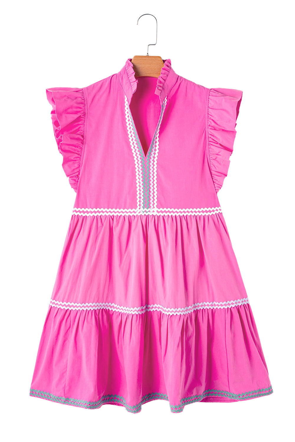 Hot Pink Ric Rac Trimmed Flutter Sleeve V Neck Tiered Dress