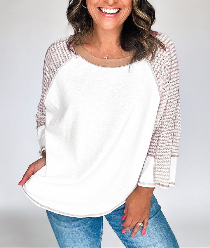 Mocha & White Striped Sleeve Raglan Patchwork Top