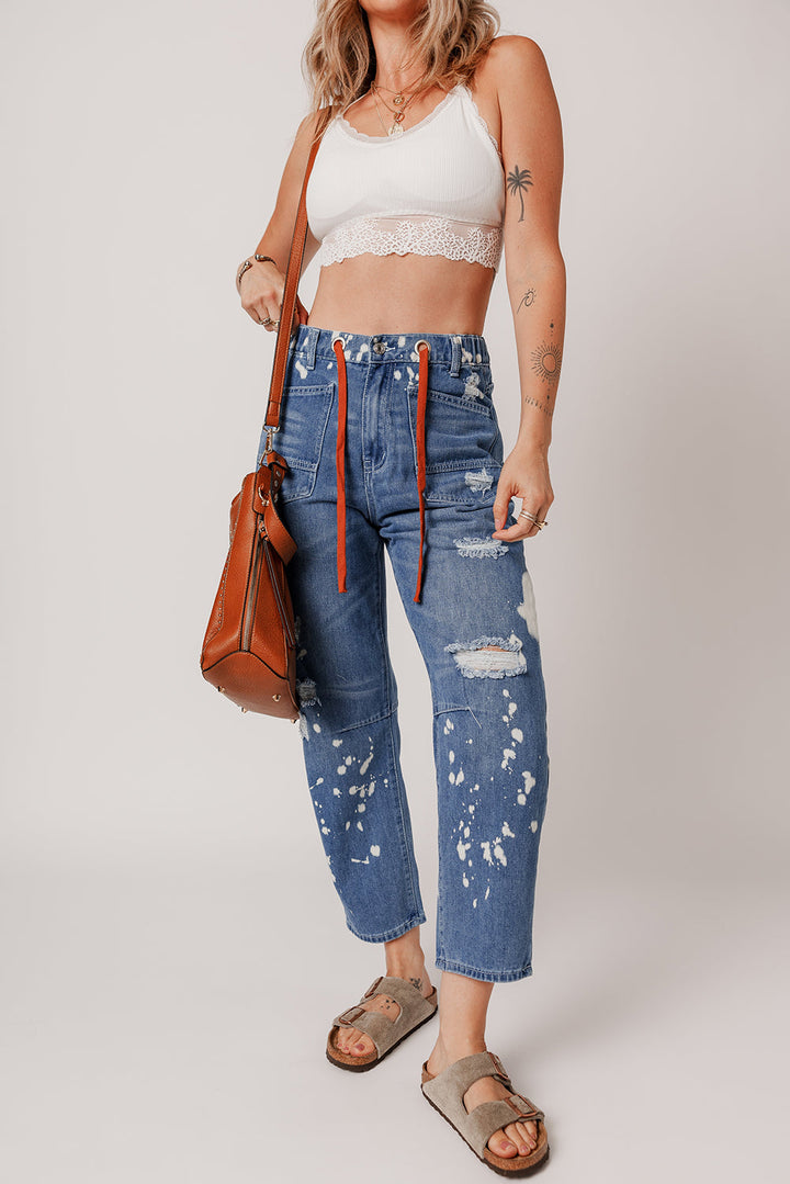 Blue Distressed Bleach Splatter Cropped Straight Leg Jeans with Orange Drawstring