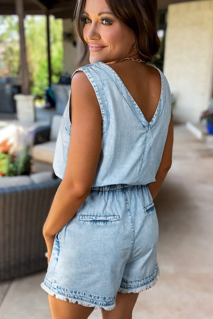 Studded V Neck Raw Hem Sleeveless Light Washed Blue Denim Romper
