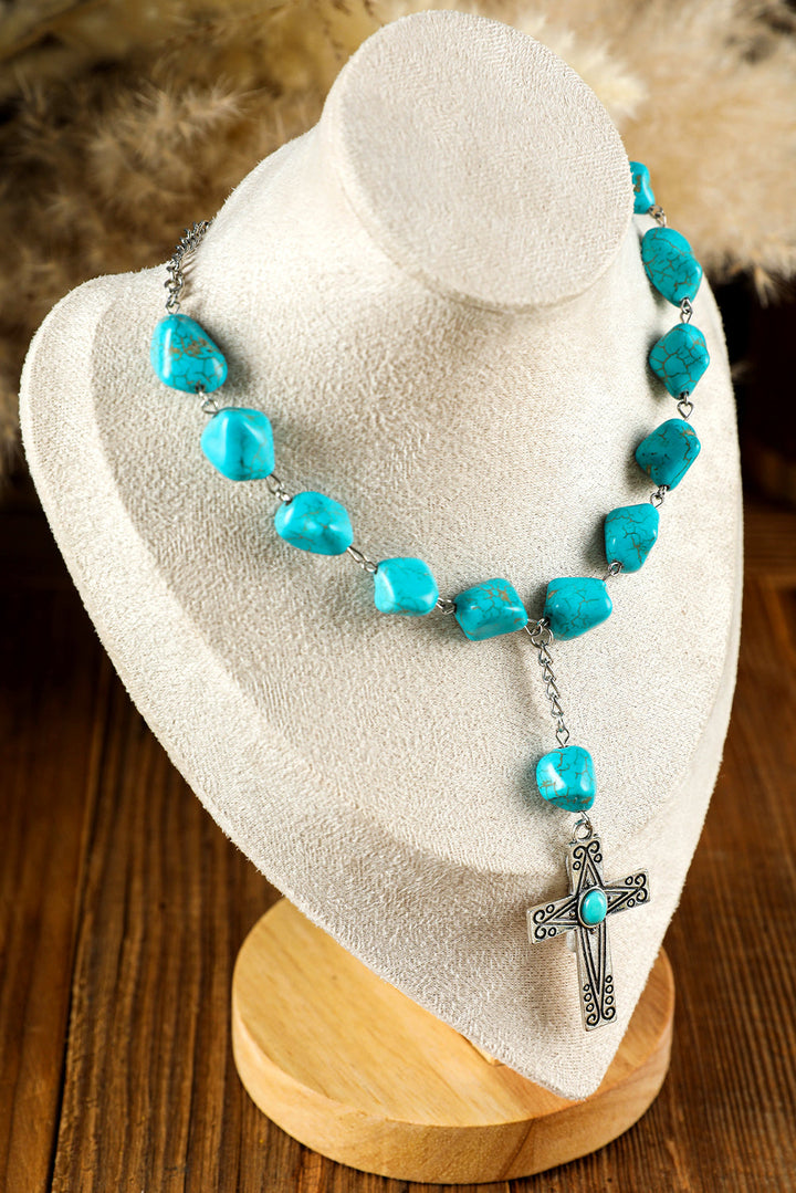 Blue Faux Turquoise Cross Pendant Beaded Necklace