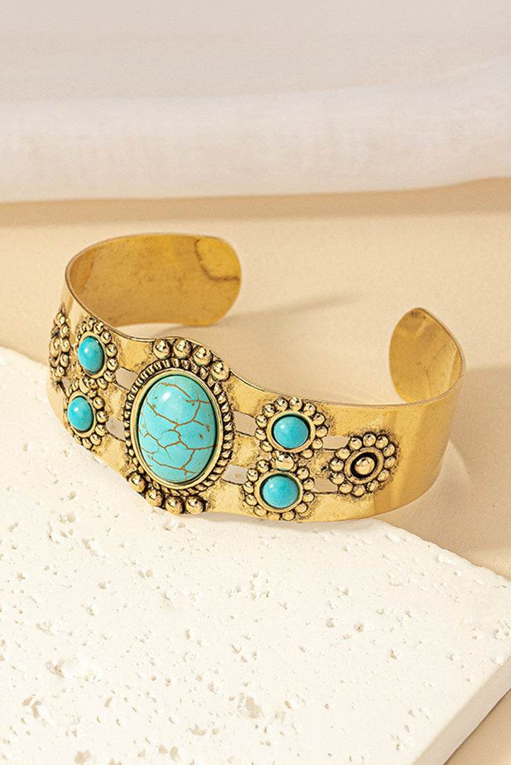 Gold Tone Vintage Boho WEstern Faux Turquoise Cuff Bracelet