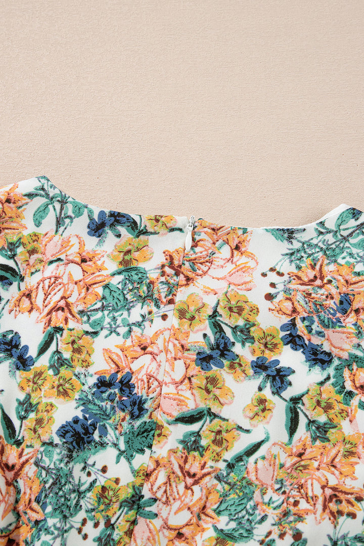 Floral V Neck 3/4 Sleeve Elastic Waist Ruffled Dress