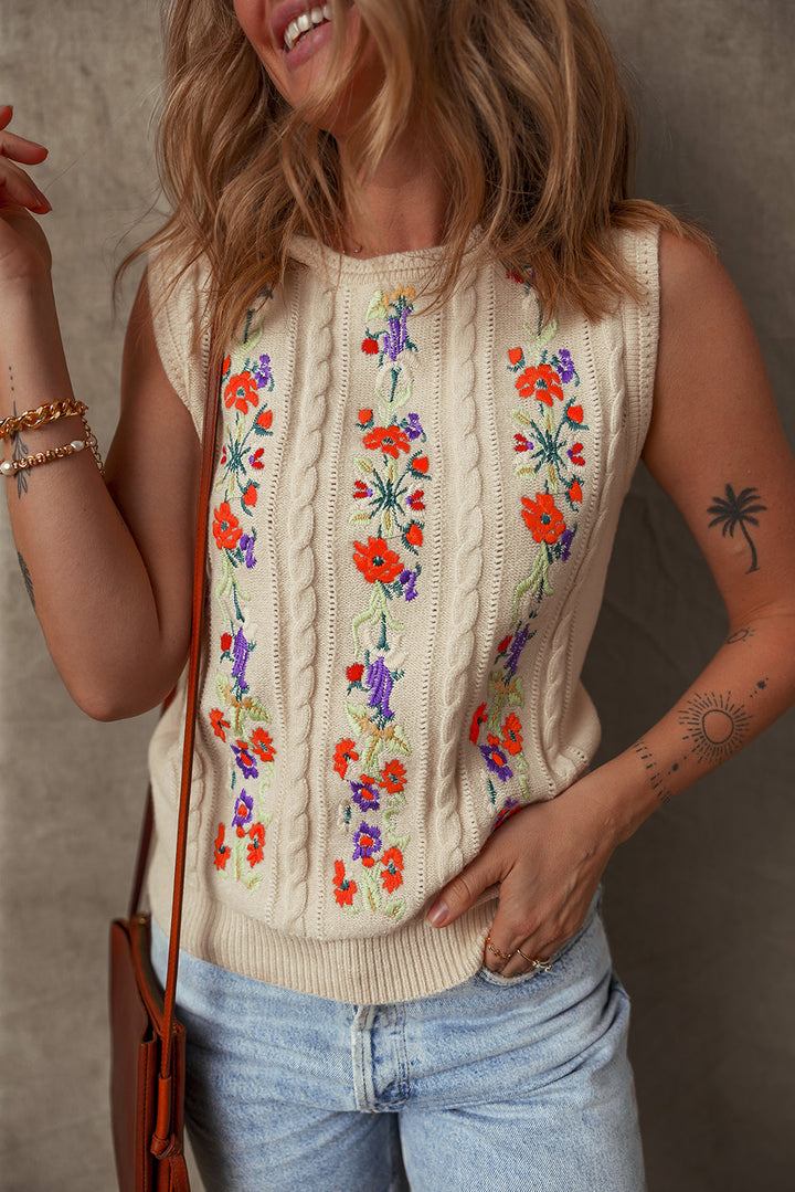 Pocket Full of Posies Embroidered Floral Cable Knit Sweater Vest