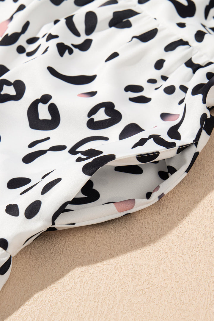 White Leopard Print V Neck Ruffle Sleeve Loose Fit Maxi Dress
