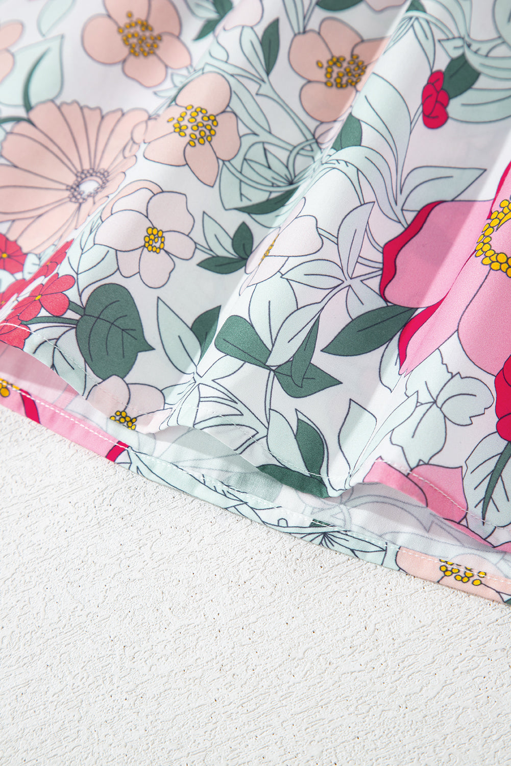 Floral Print Green Stripe Ruffles Contras Trim Cap Sleeve Blouse