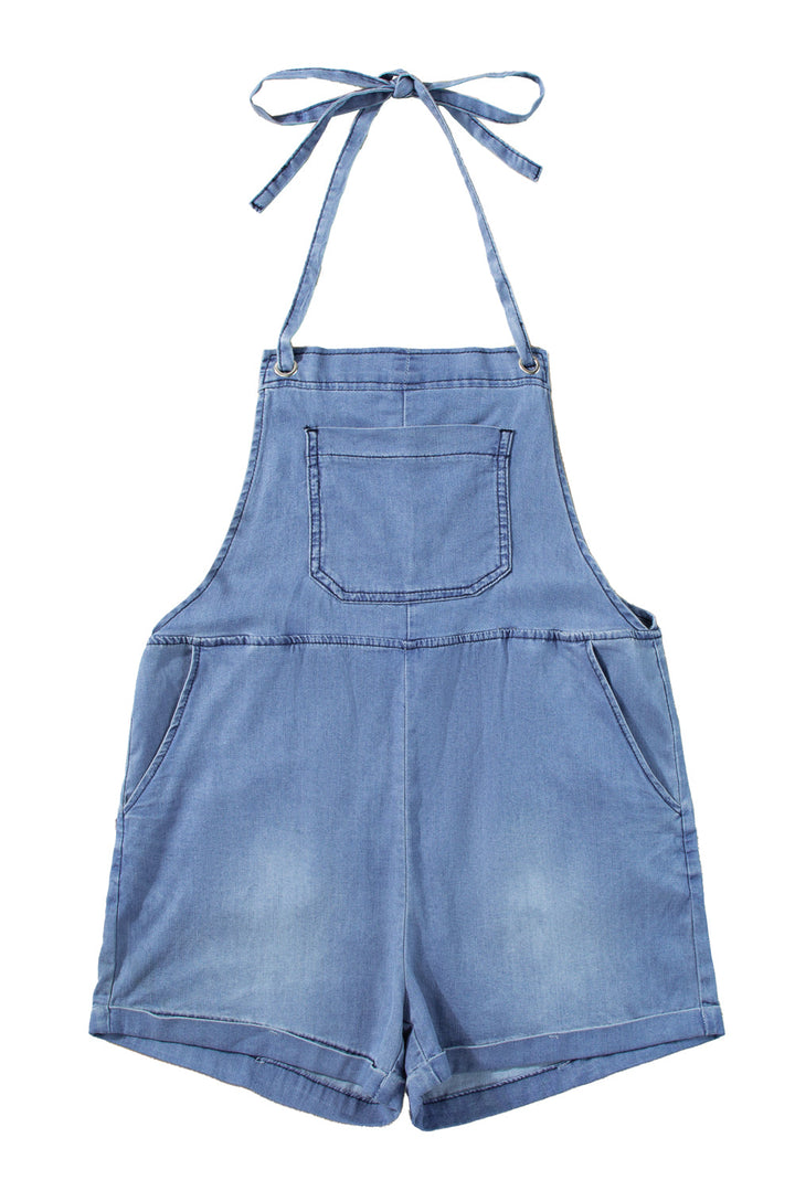 Grommet Tie Straps Casual Blue Denim Romper
