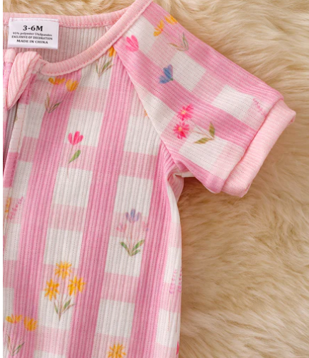 Pink & White Gingham Floral Romper