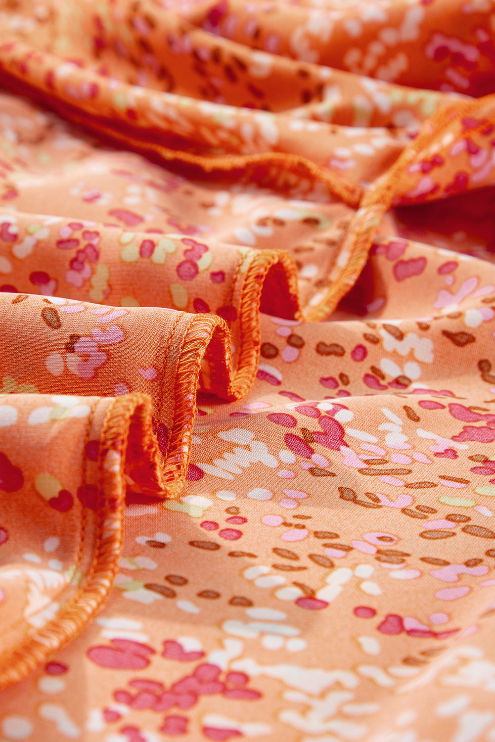 Bright Orange Abstract Floral Print Collared V Neck Babydoll Blouse