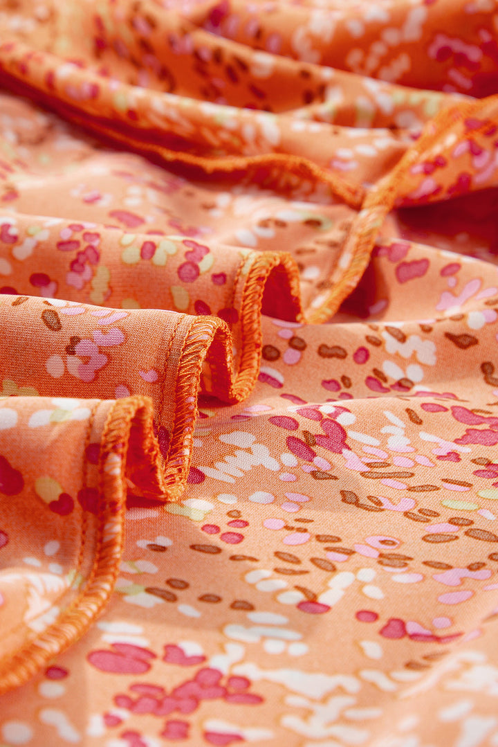Bright Orange Abstract Floral Print Collared V Neck Babydoll Blouse