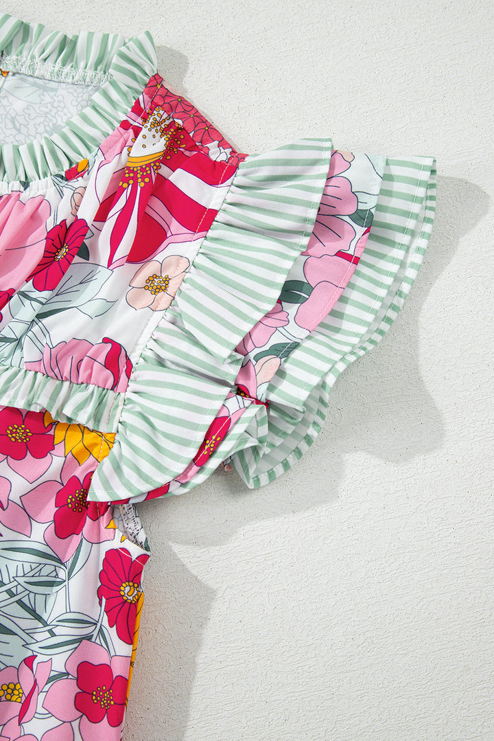 Floral Print Green Stripe Ruffles Contras Trim Cap Sleeve Blouse