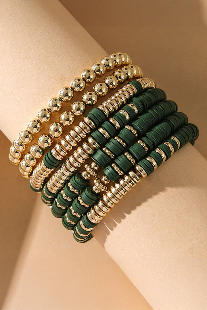7 Piece Green and Gold Layering Stretch Bracelet Set