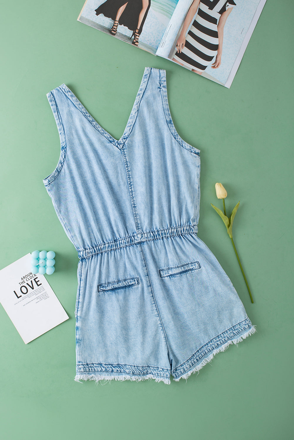 Studded V Neck Raw Hem Sleeveless Light Washed Blue Denim Romper