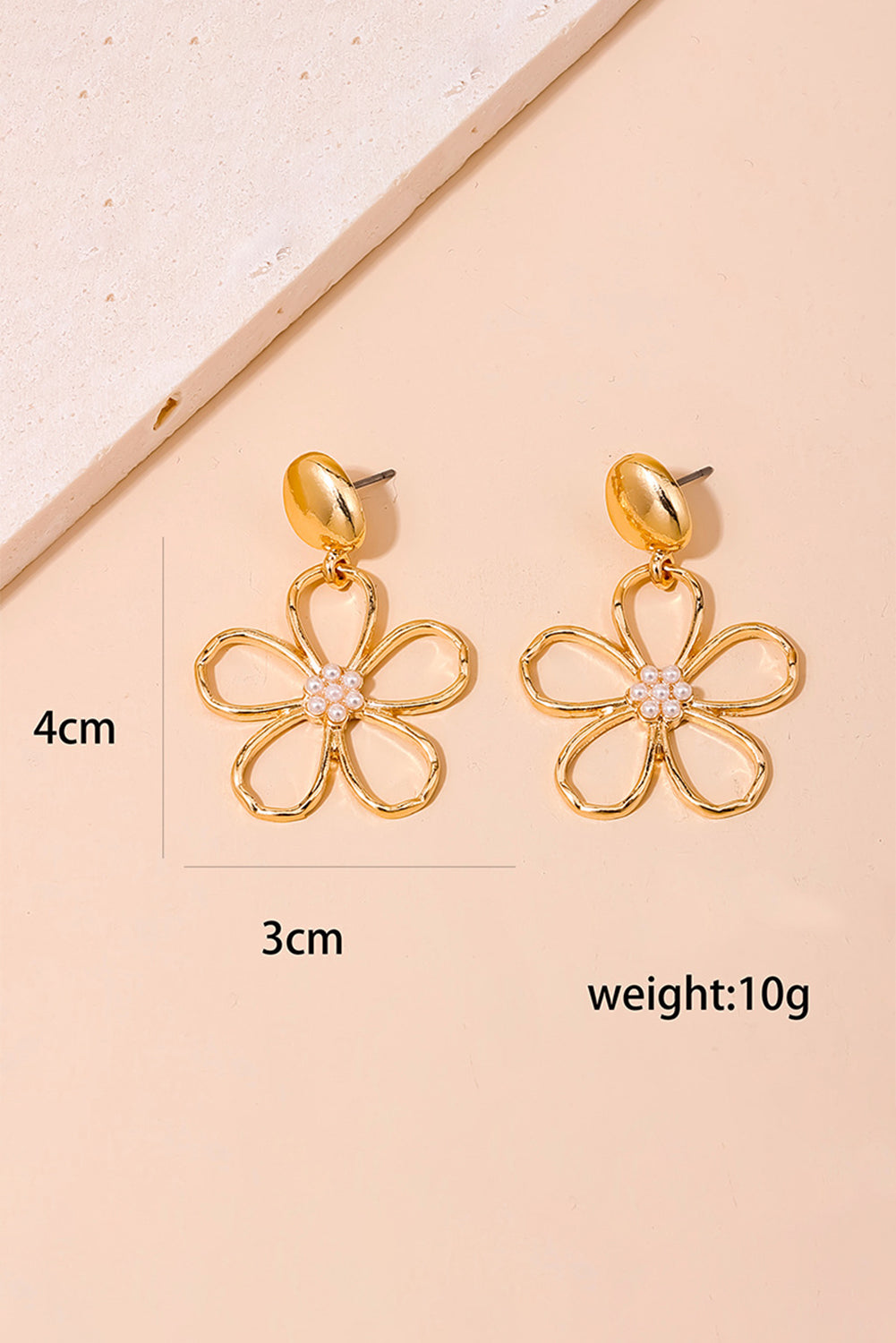 Gold Plated Dangle Flower Pierced Earrings with Faux Pearl Center