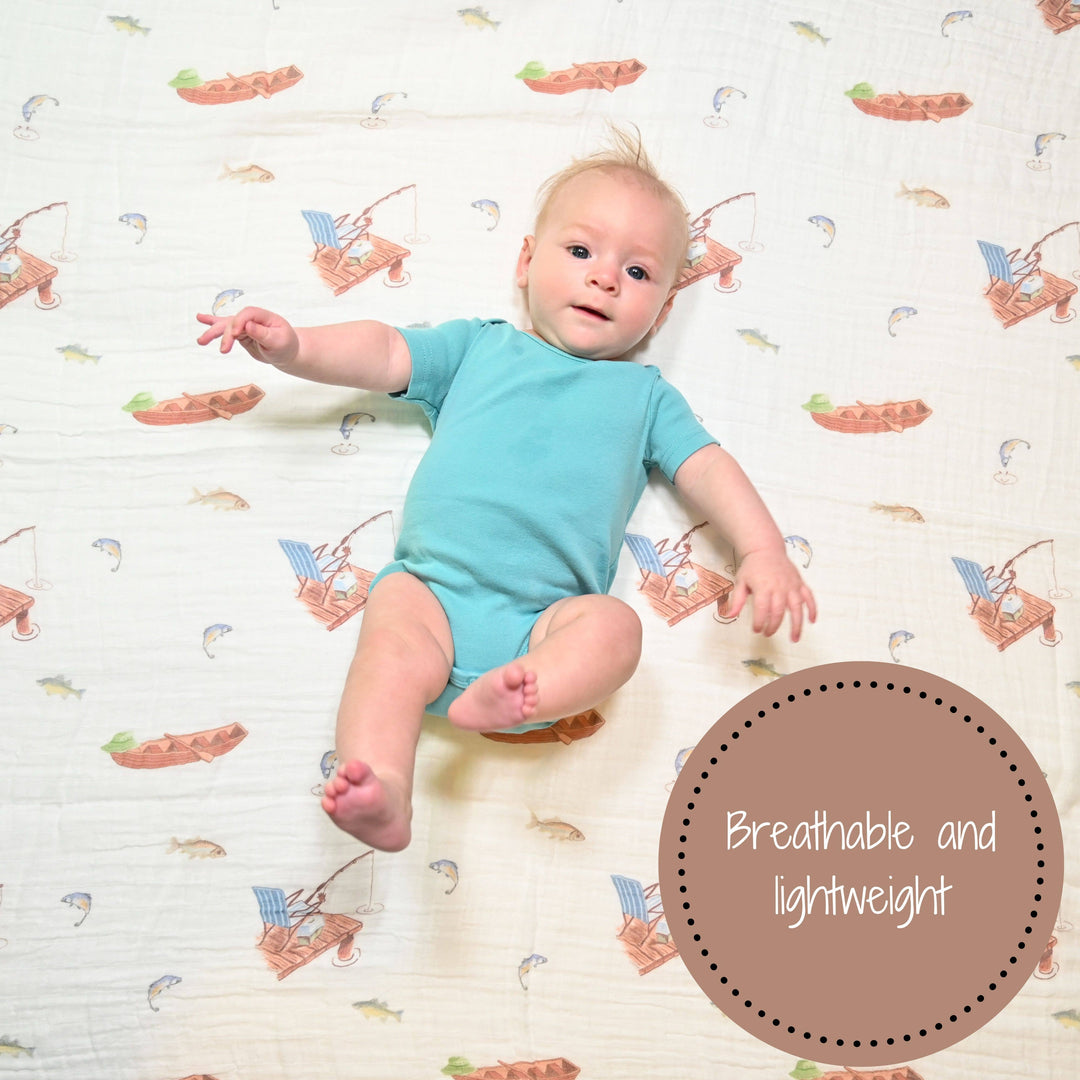 Gone Fishing Muslin Cotton Swaddle Baby Blanket