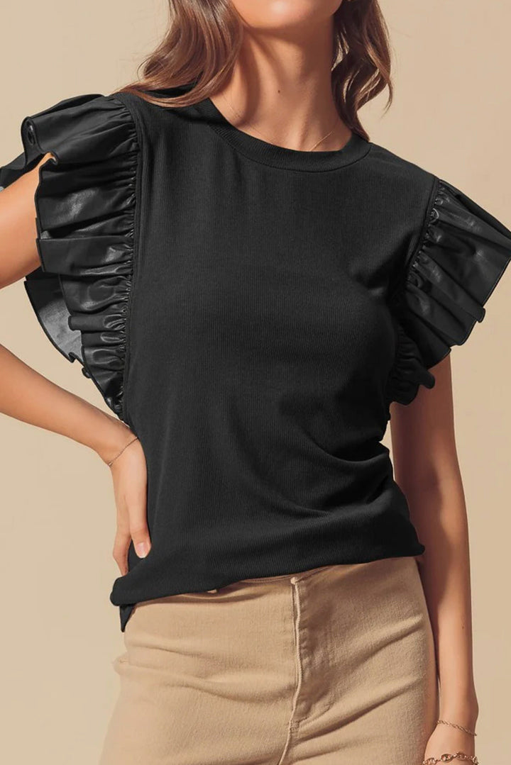 Black Ribbed Blouse with Faux Leather Ruffle Cap Sleeves