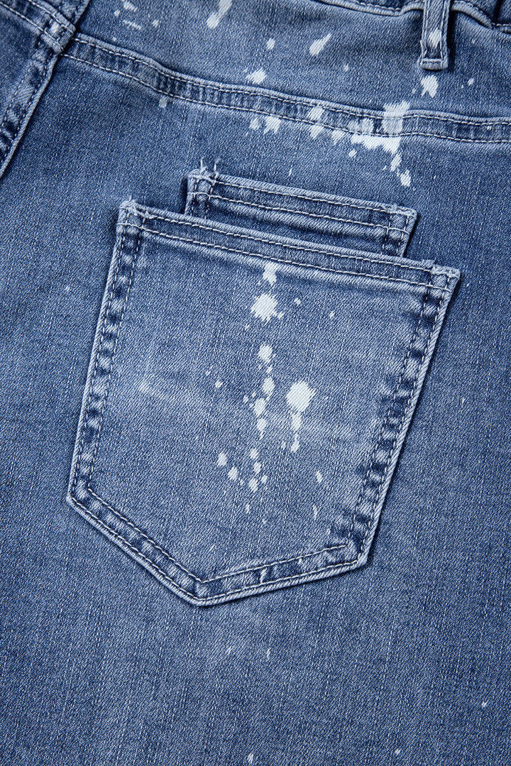 Blue Distressed Bleach Splatter Cropped Straight Leg Jeans with Orange Drawstring