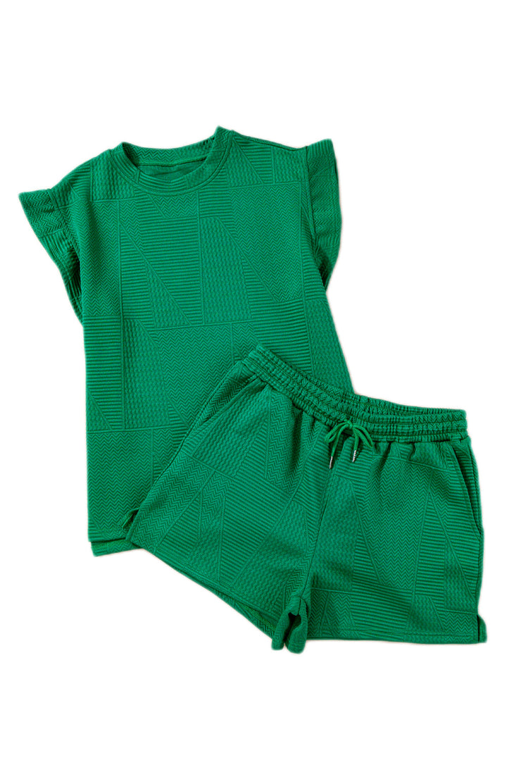 Emerald Green Textured Ruffle Sleeve Top and Drawstring Shorts