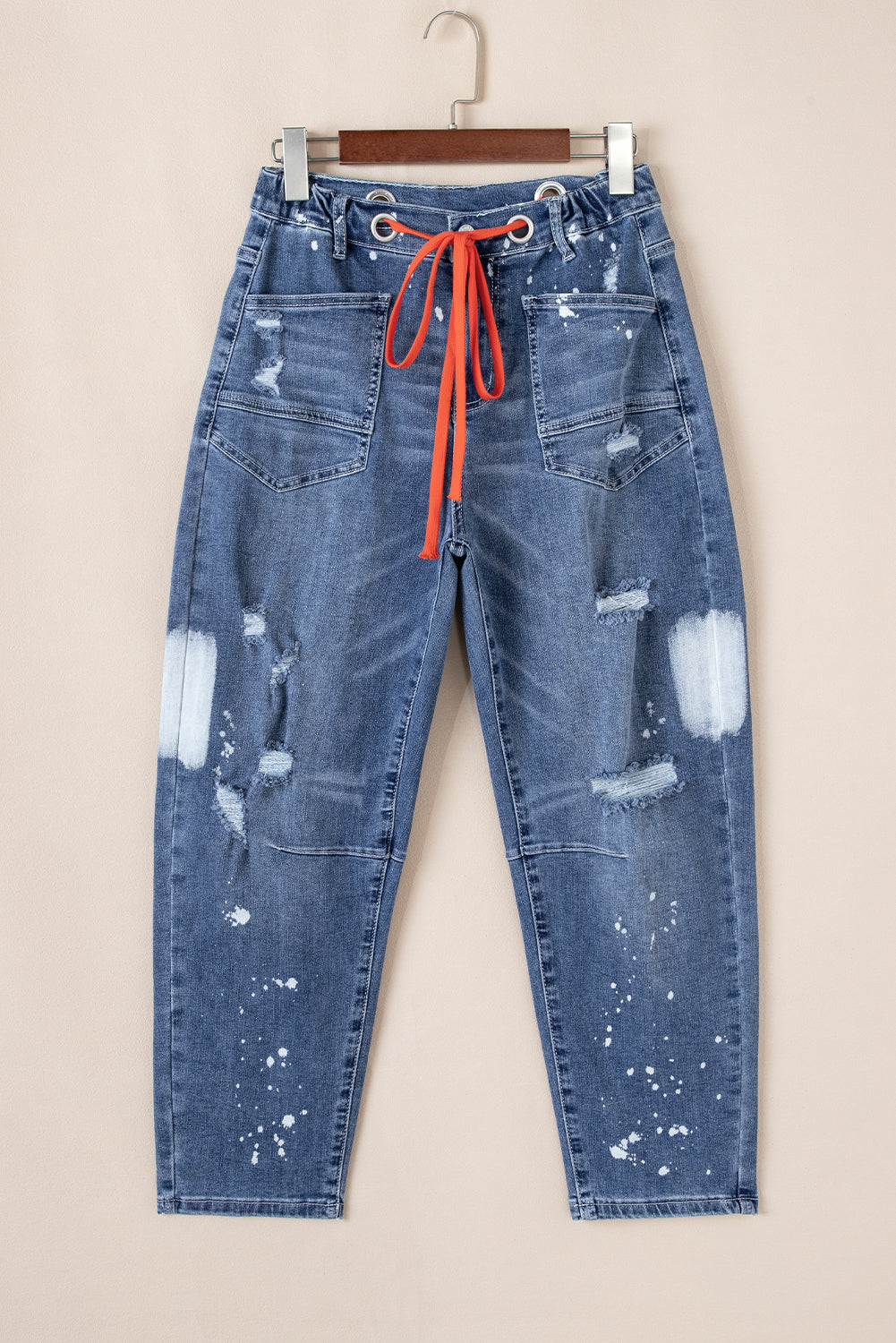 Blue Distressed Bleach Splatter Cropped Straight Leg Jeans with Orange Drawstring