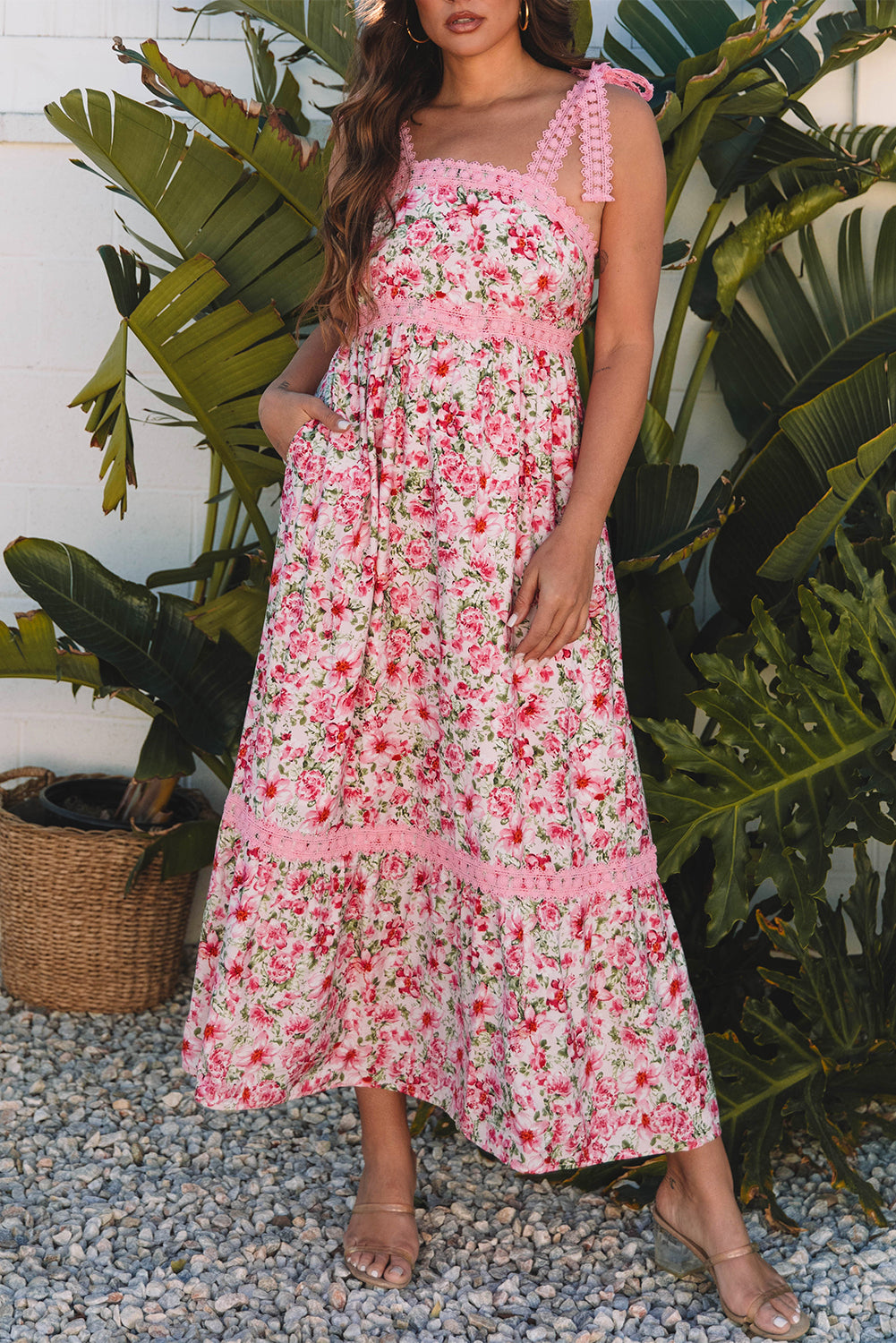 Pink Floral Lace Strap Empire Waist Maxi Dress with Pockets