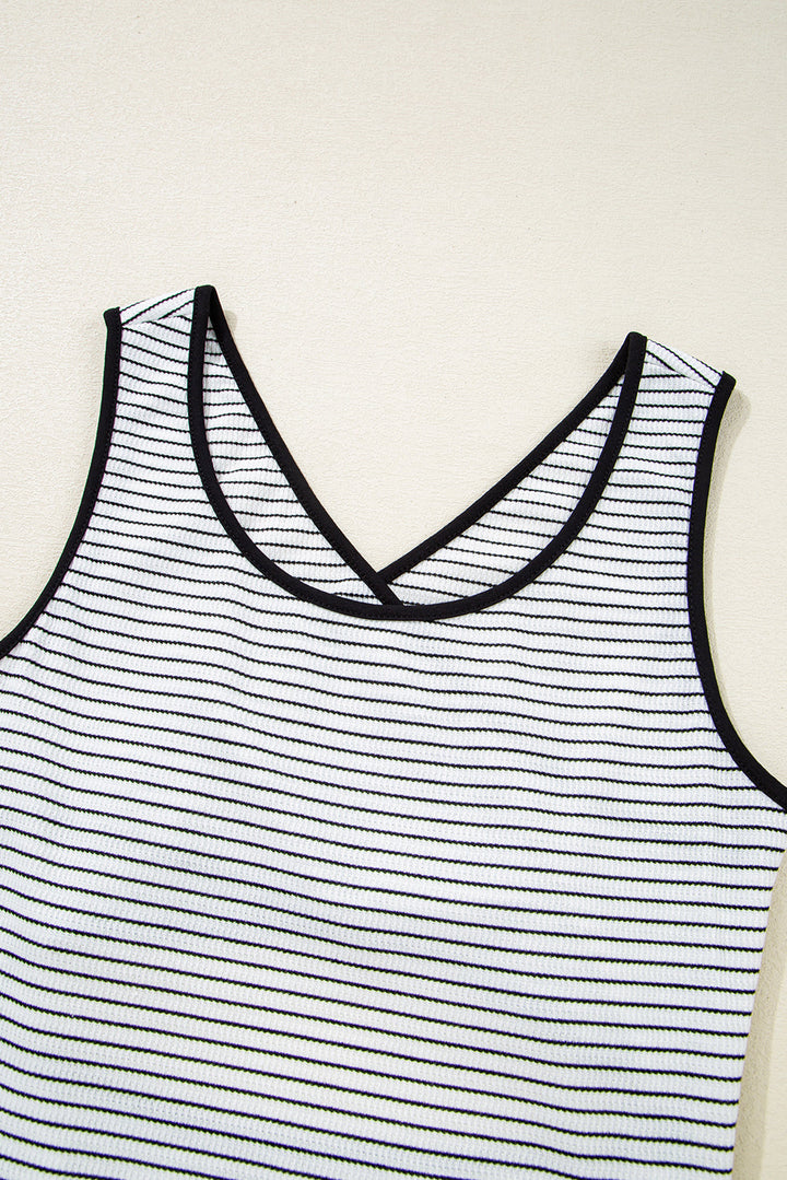 Black Stripe Sleeveless Criss Cross Peek A Boo Back Fitted Mid Length Dress