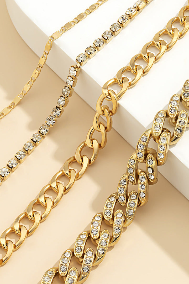 Rhinestone and Gold Bling 4 Piece Layering Gold Plated Bracelet Set-Adjustable Chain Lengths