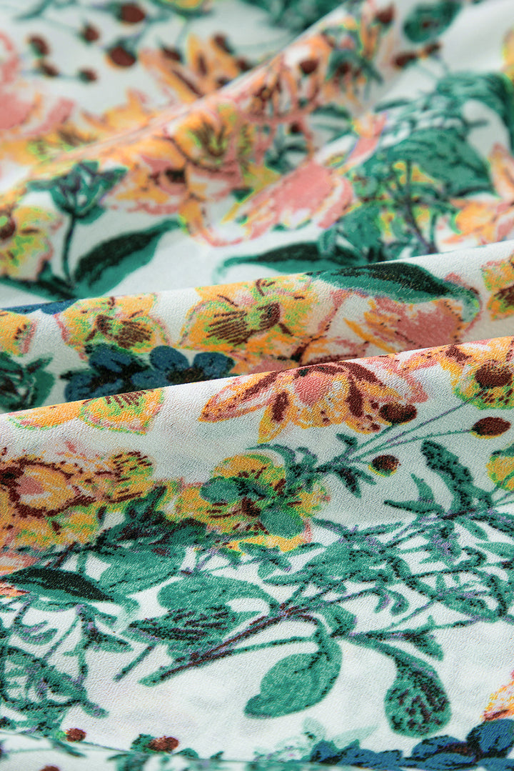 Floral V Neck 3/4 Sleeve Elastic Waist Ruffled Dress