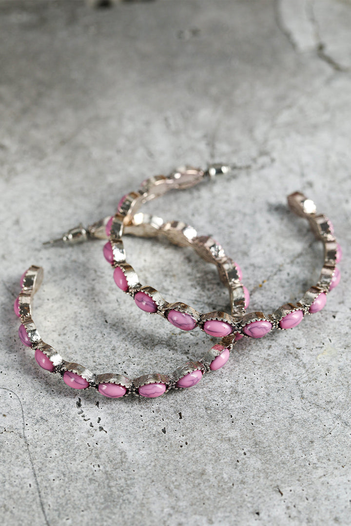 Pink Scalloped Faux Gem Inlay Hoop Pierced Earrings